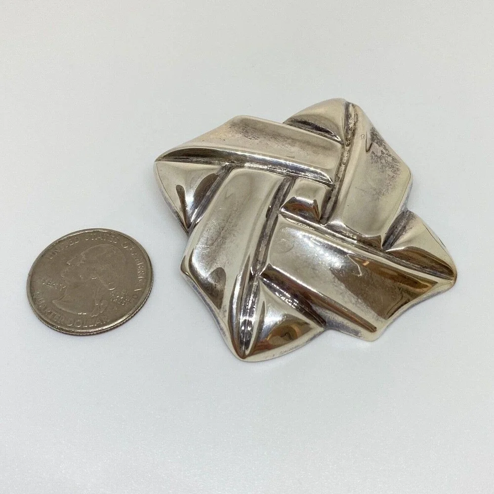 Taxco Mexico Vintage 925 Sterling Silver Large Twisted Square Heavy Brooch Pin